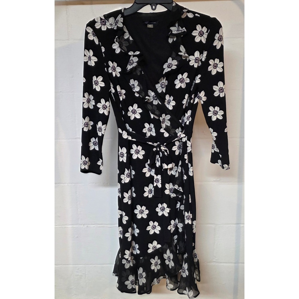 Tommy Hilfiger Womens Black White Floral Ruffle Faux Wrap Dress Size 4